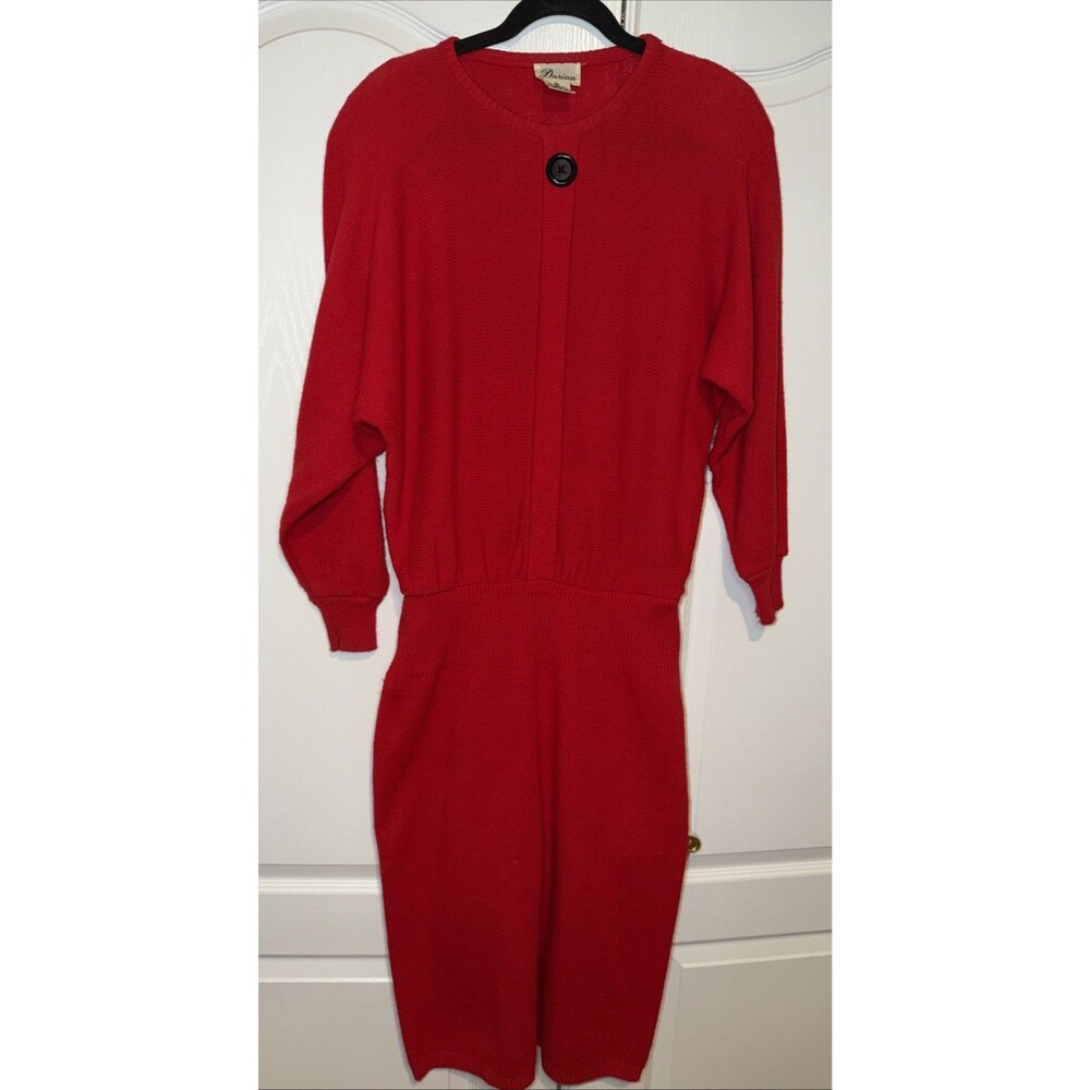 Vintage Darian 80s 90 Red Sweater Dress Cozy Cinch Waist Sz Med Long Sleeve Midi